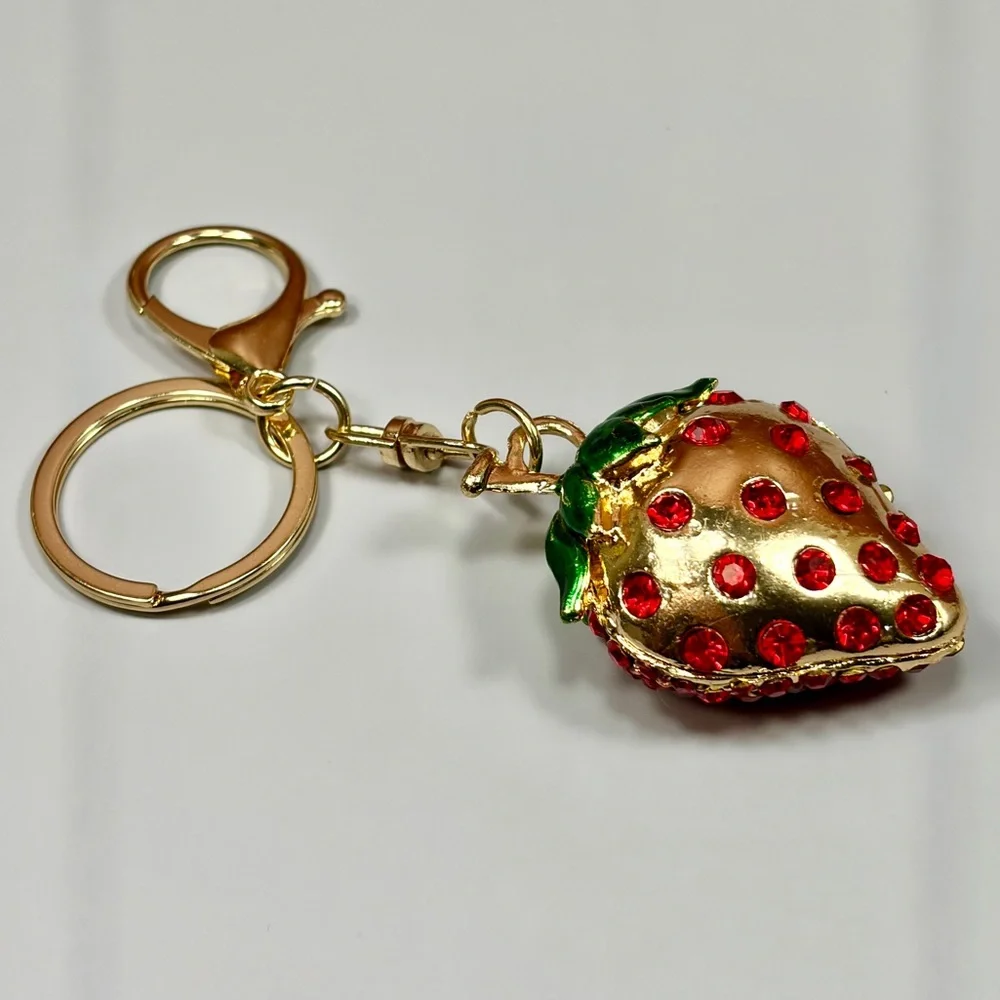 Chunky Rhinestone Strawberry Keychain - Red & Green Gold Hardware